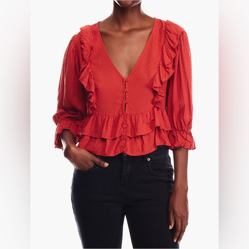Burnt orange ruffle button down embroidered indie cottagecore top S